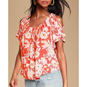 Free People Baja Babe Cold Shoulder Floral Jersey Knit Top SZ S Red Orange Flare